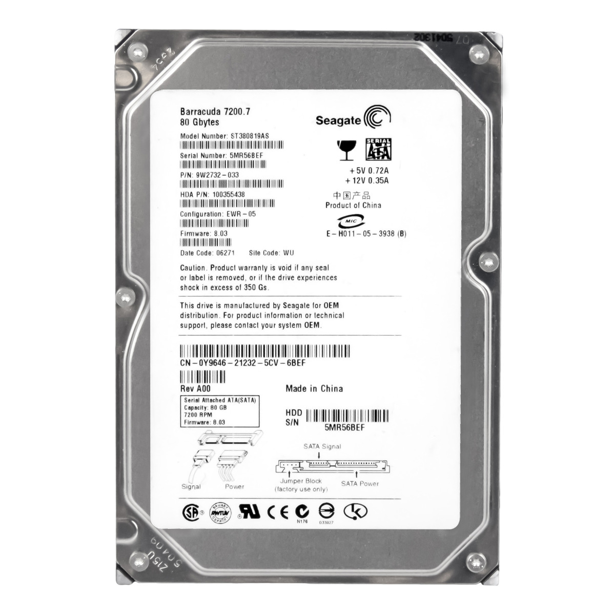 DELL 0Y9646 80 Go 7 200 tr/min 8 Mo SATA II 3,5'' ST380819AS