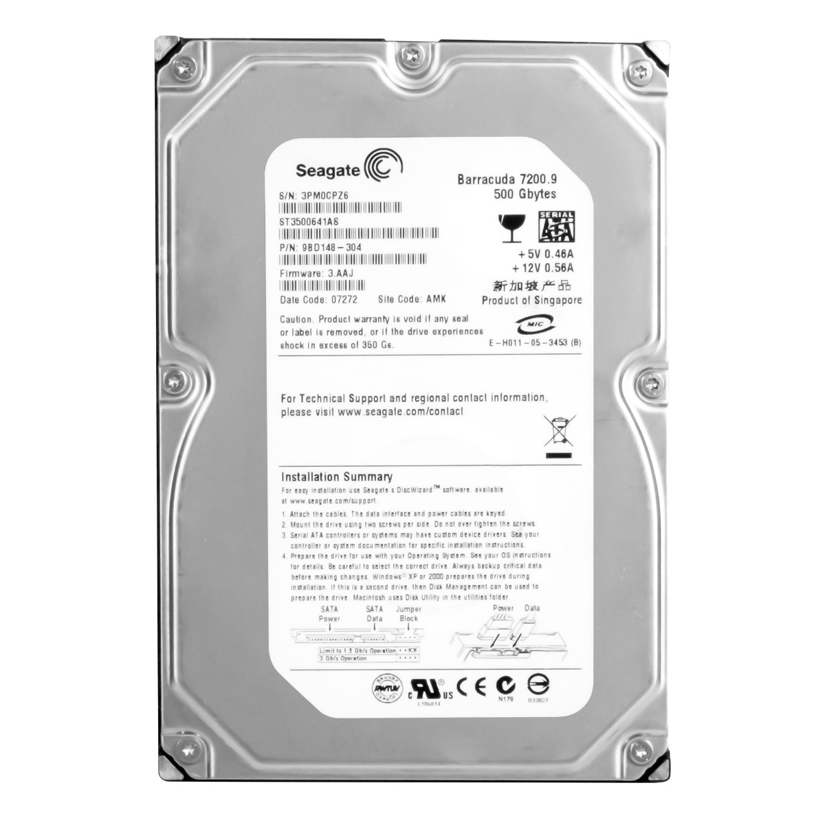 SEAGATE BARRACUDA 7200.9 500GB 7,2K 16MB SATA II 3,5'' ST3500641AS