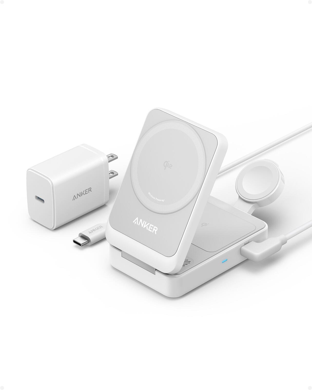 Chargeur sans fil Anker MagGo 15W 3-en-1 USB-C, blanc
