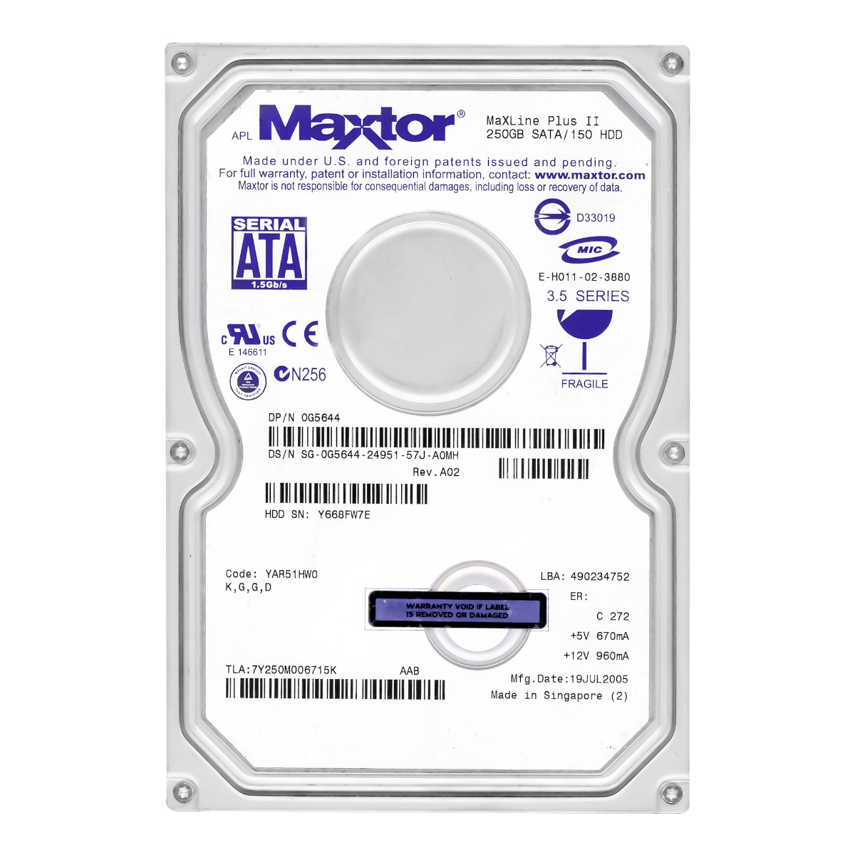 Disque dur MAXTOR MaXLine Plus II 250 Go 7200 tr/min 8 Mo SATA 3,5" 7Y250M0