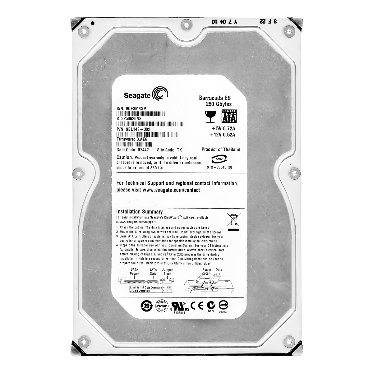 SEAGATE BARRACUDA ES 250 Go SATA II 7200 tr/min 16 Mo 3,5'' ST3250620NS