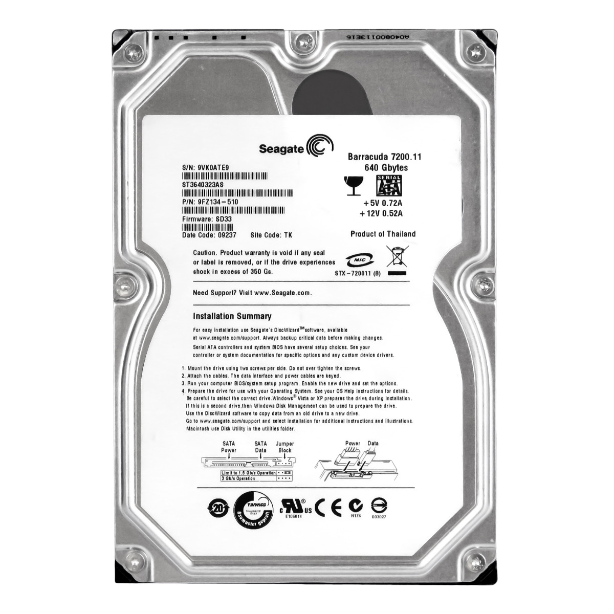 SEAGATE BARRACUDA 7200.11 640 Go 7200 tr/min 32 Mo SATA II 3,5'' ST3640323AS