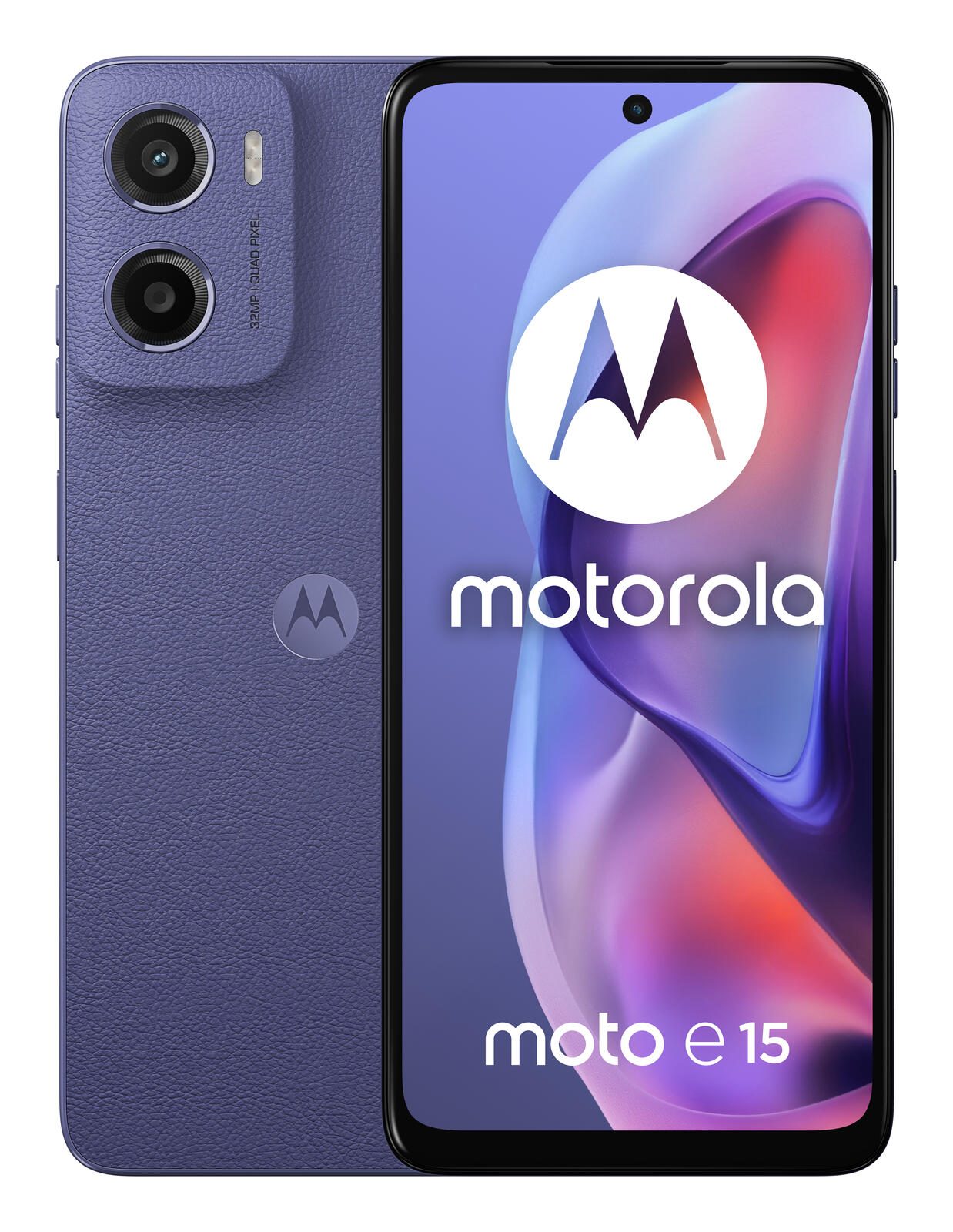 Smartphone Motorola moto e15 - 4G 2 Go/64 Go Lavande Dual SIM, écran LCD, 6,67", 1604 x 720, 90 Hz