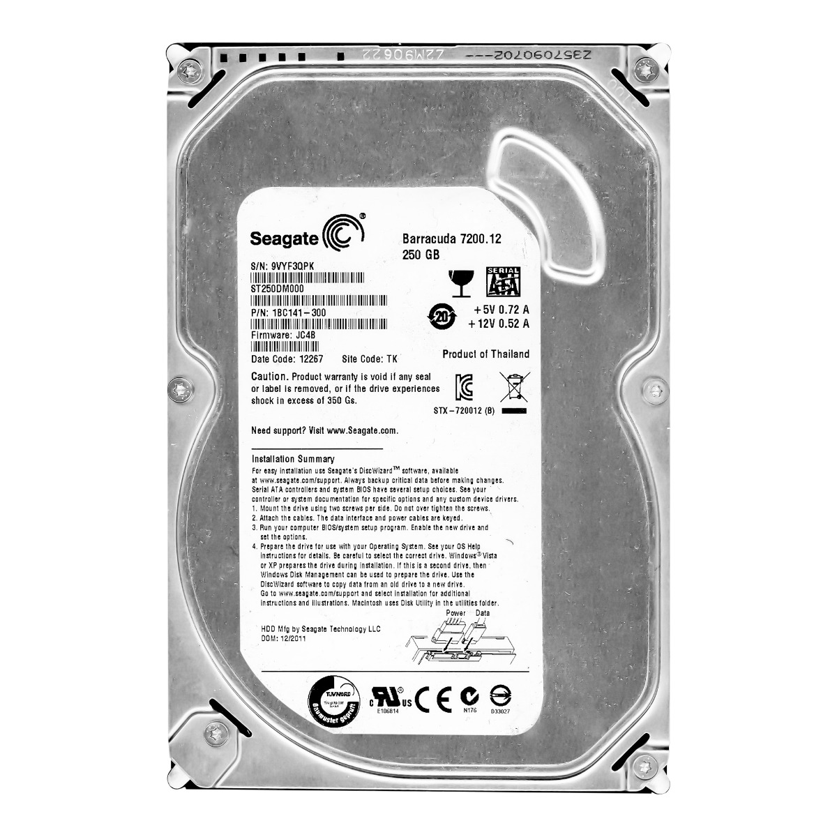 SEAGATE BARRACUDA 250 Go 7 200 tr/min 16 Mo SATA III 3,5'' ST250DM000