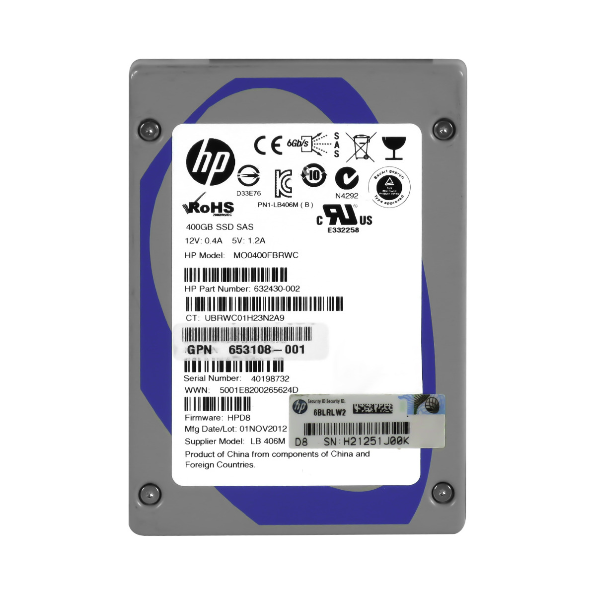 HP 632430-002 400 Go MLC SAS-2 2,5'' MO0400FBRWC