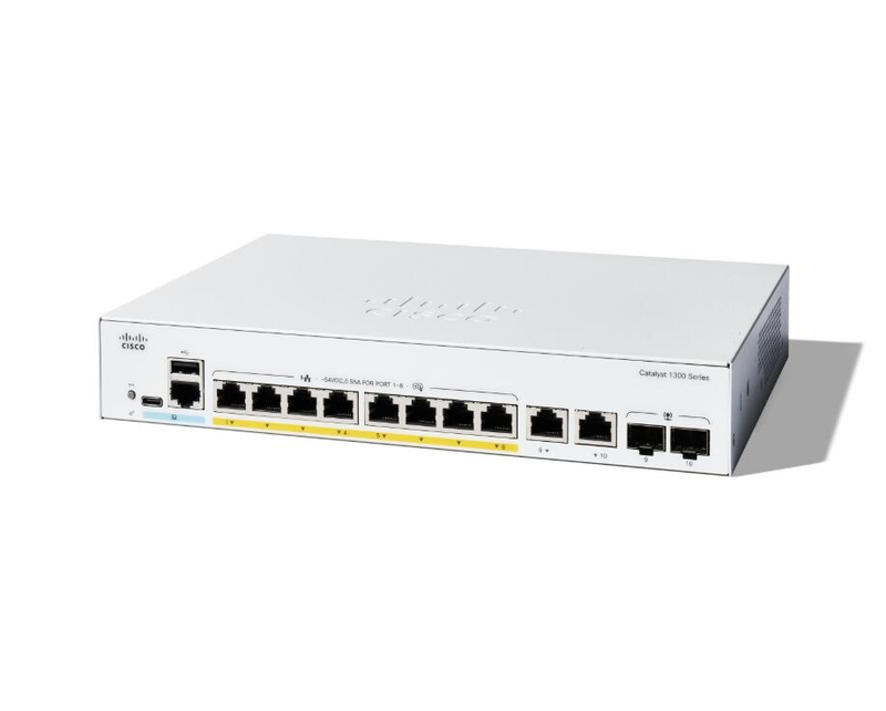 Commutateur Cisco Catalyst 1300-8P-E-2G, 8 ports 1GbE PoE+ + 2 ports Combo 1GbE RJ45/SFP, managed L3