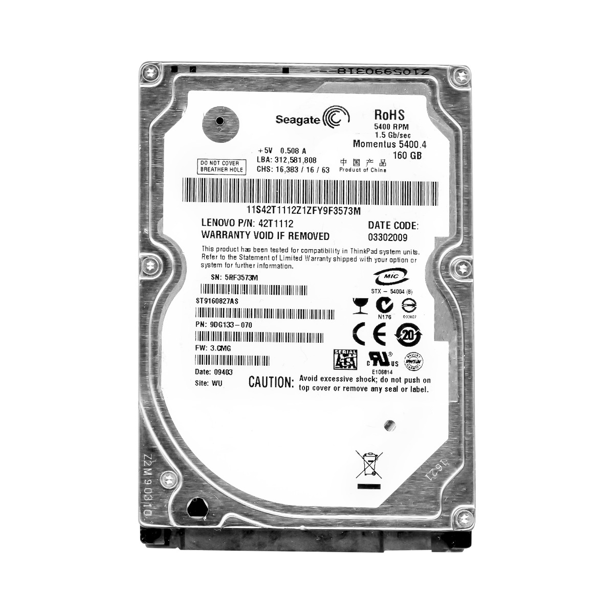 Disque dur interne Seagate ST9160827AS 160 Go 5,4K 8 Mo SATA II 2,5'' (Momentus 5400.4)