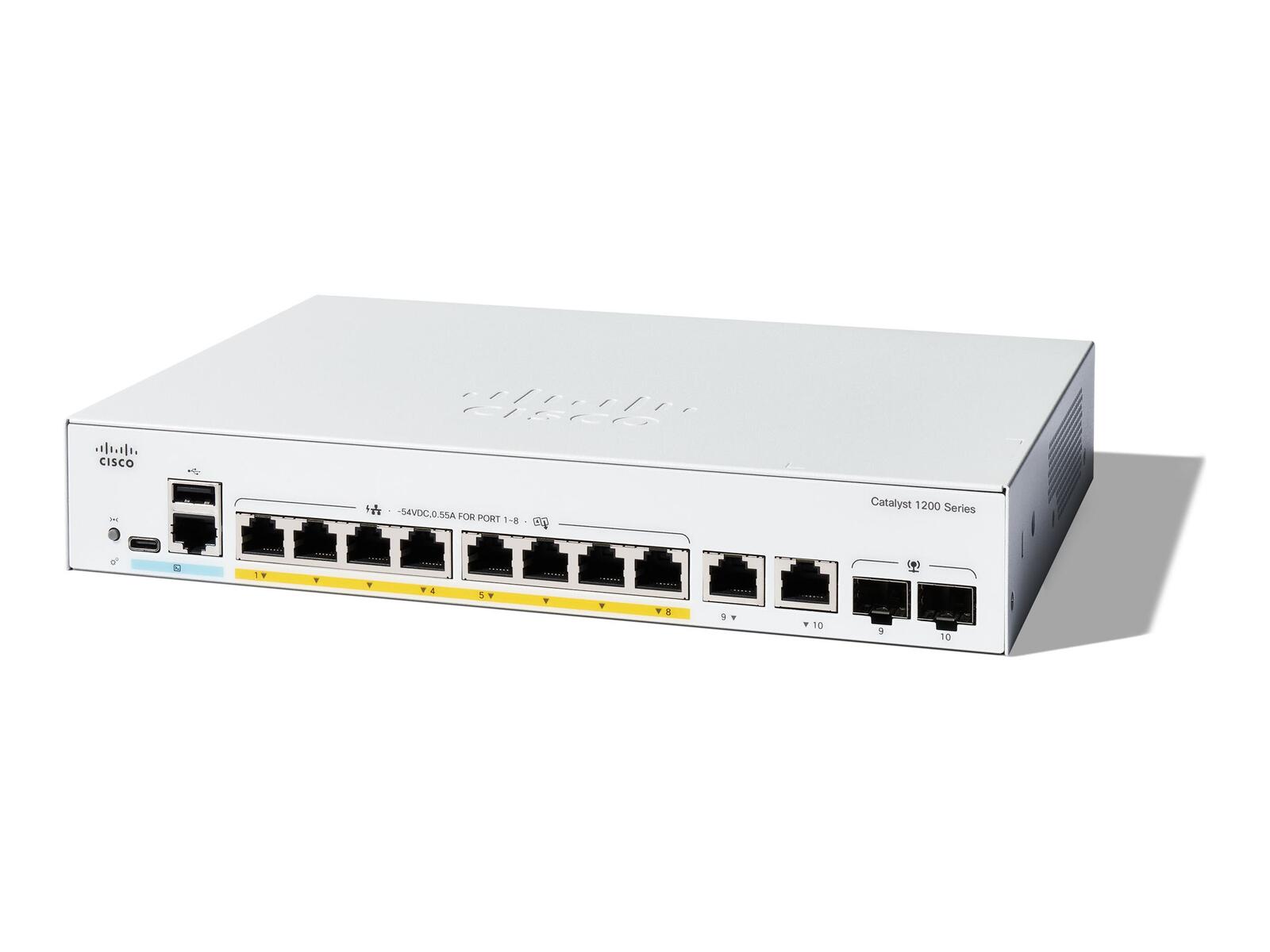 Switch Cisco Catalyst C1200 8 ports 1 GbE 120W PoE+ managed L2 8x 1 GbE, 2x combo 1 GbE RJ45/SFP C1200-8FP-2G