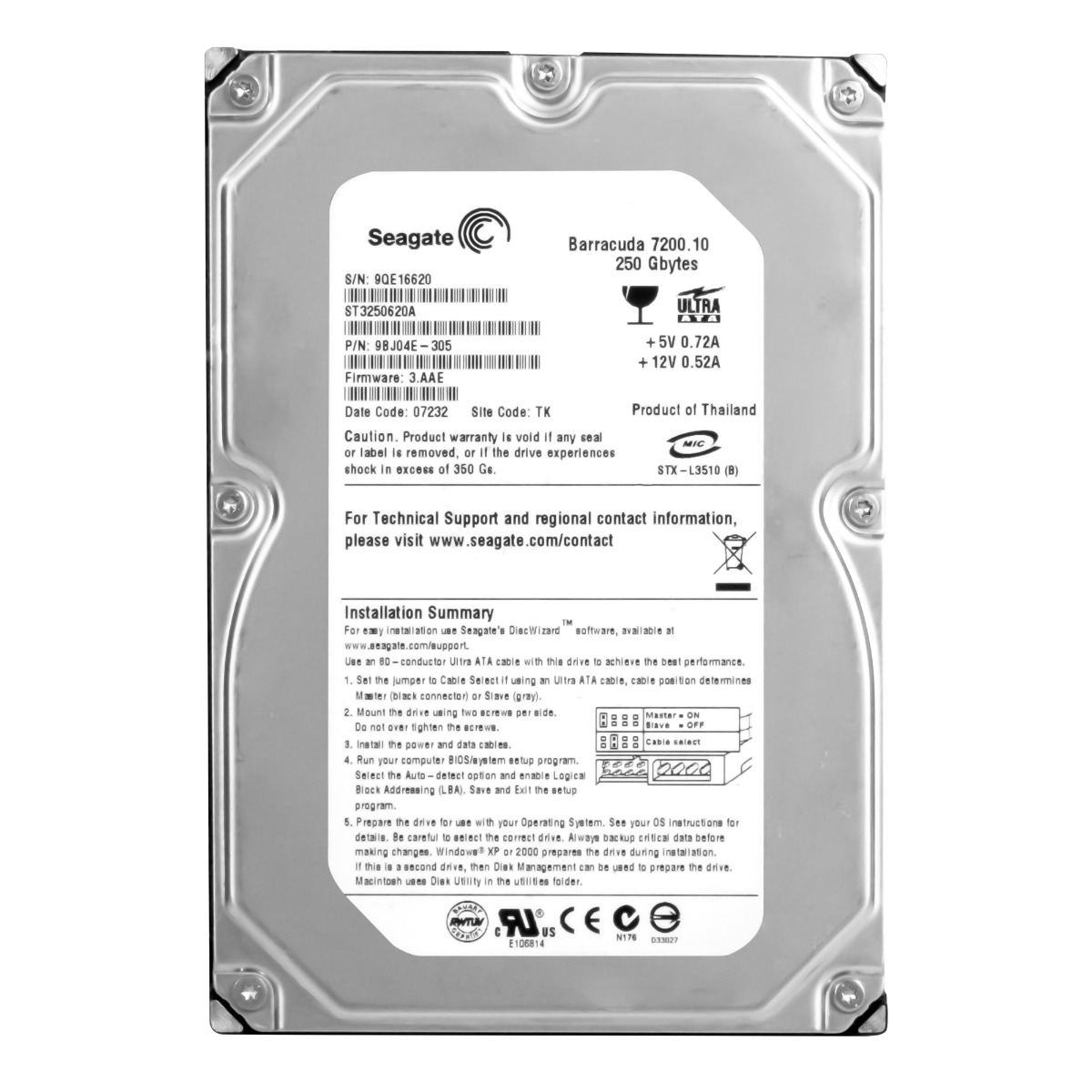 SEAGATE BARRACUDA 7200.10 250 Go ATA 7 200 tr/min 16 Mo 3,5'' ST3250620A