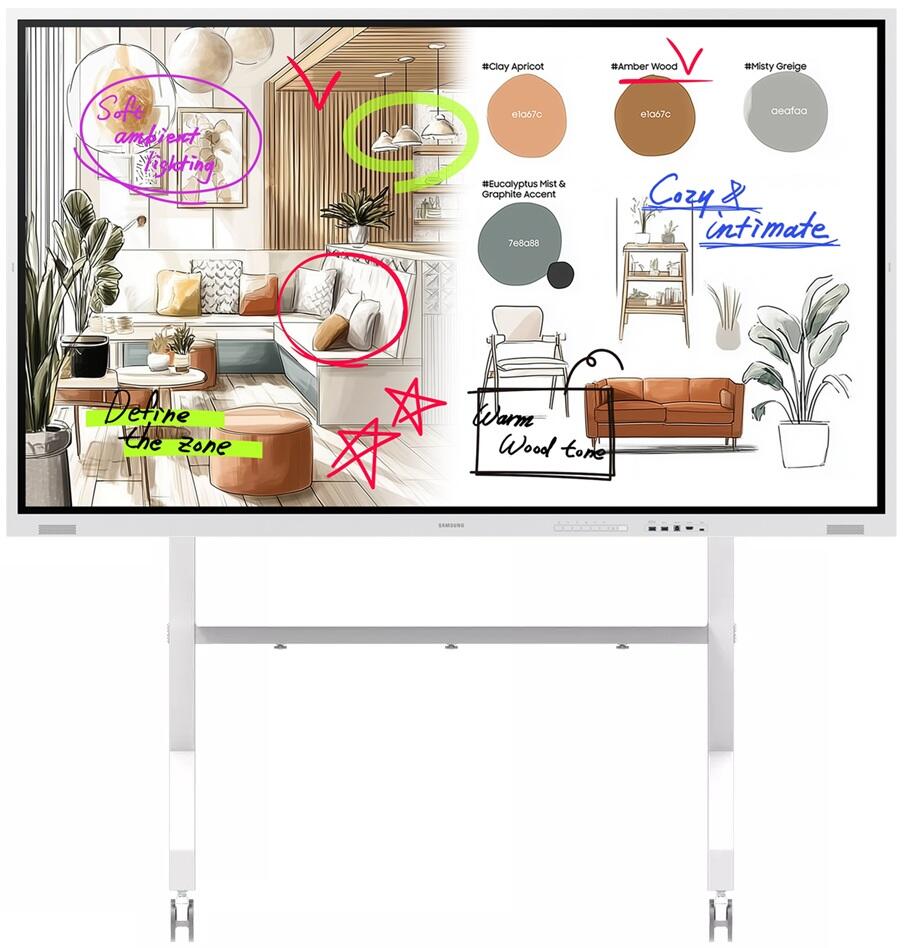 Samsung Flip WM85FX Flipchart 214,63 cm 85 pouces avec Neomounts FL50-575WH1 MOVE Go XL chariot roulant 4K UHD