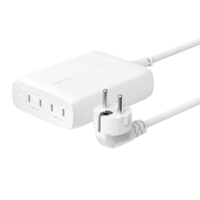 Belkin Chargeur GaN BoostCharge Pro 200 W 4x USB-C, blanc avec câble d'alimentation inclus