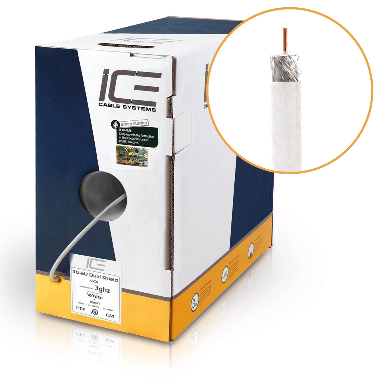 Câble coaxial ICE RG-6/HDTV, blanc translucide, 305 m