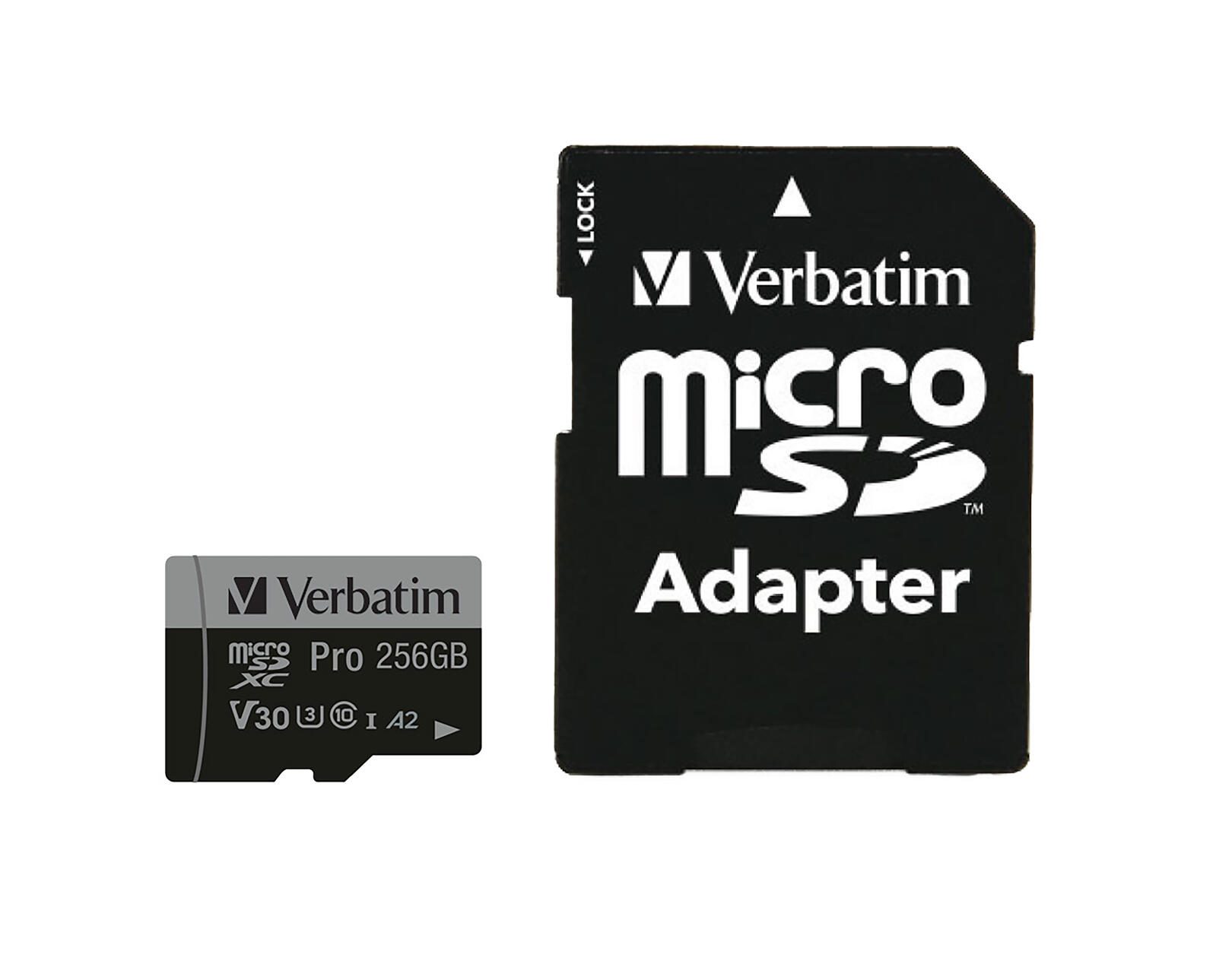 Verbatim PRO microSDXC - 256 Go avec adaptateur SD A2, UHS-I U3, Classe 10