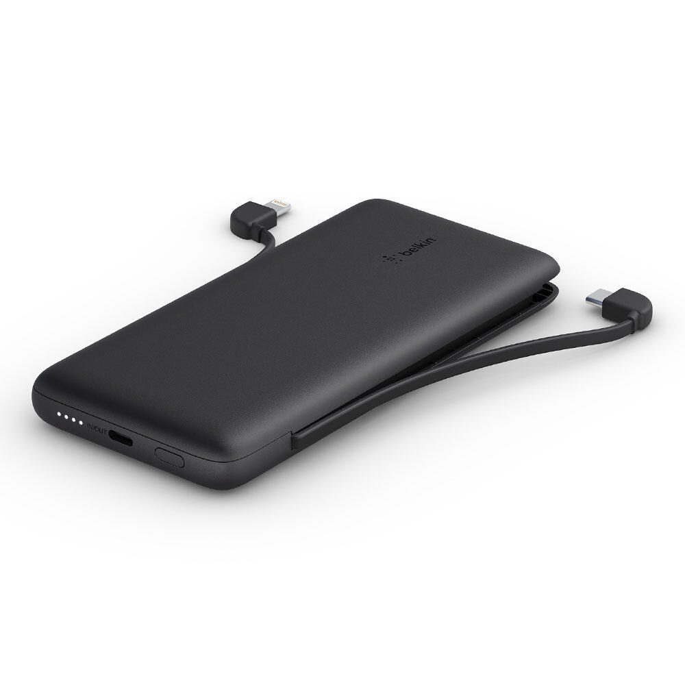 Powerbank Belkin BoostCharge Plus 10K USB-C, noire avec câbles USB-C et Lightning intégrés