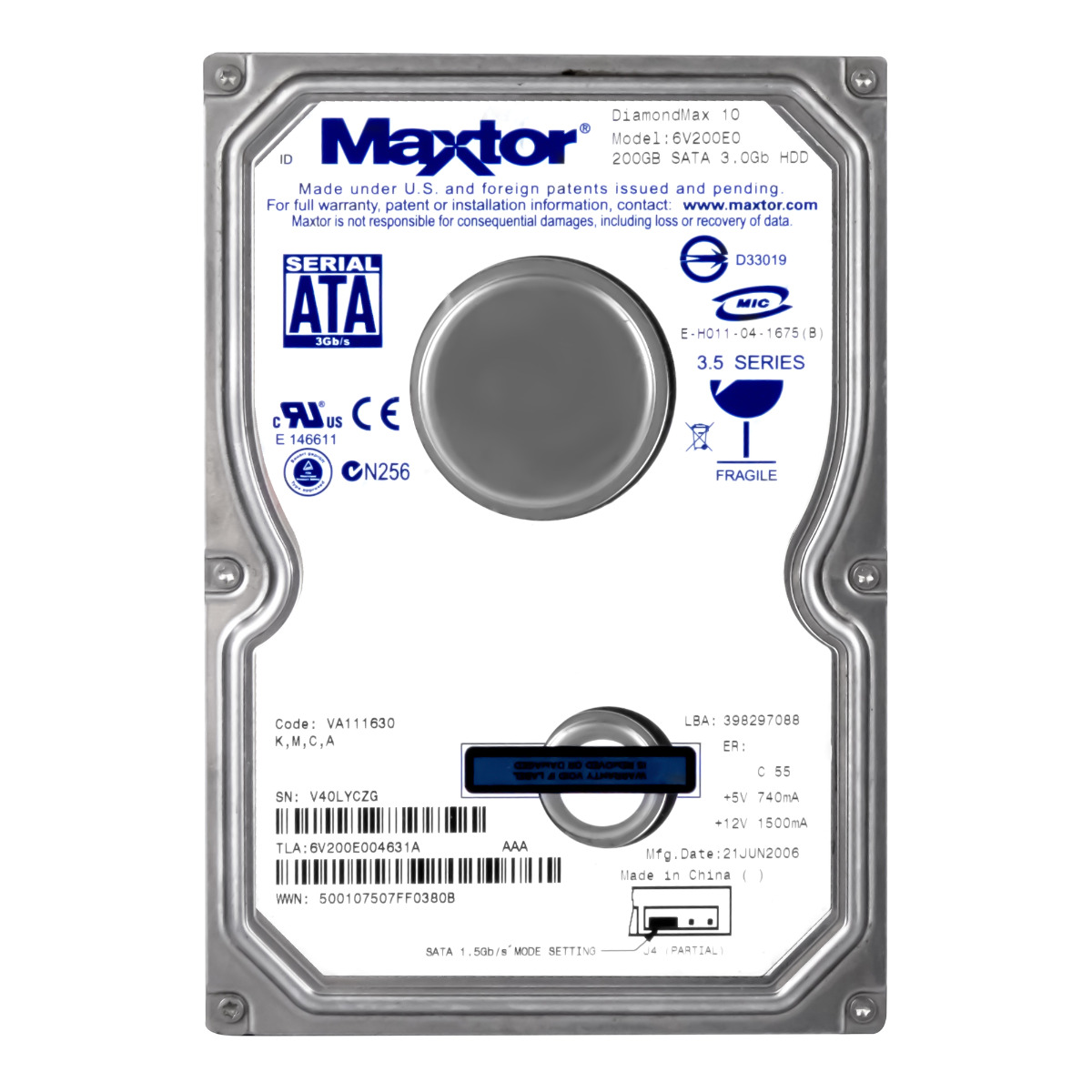 MAXTOR DiamondMax 10 200GB 7.2K 8MB SATA II 3.5'' 6V200E0
