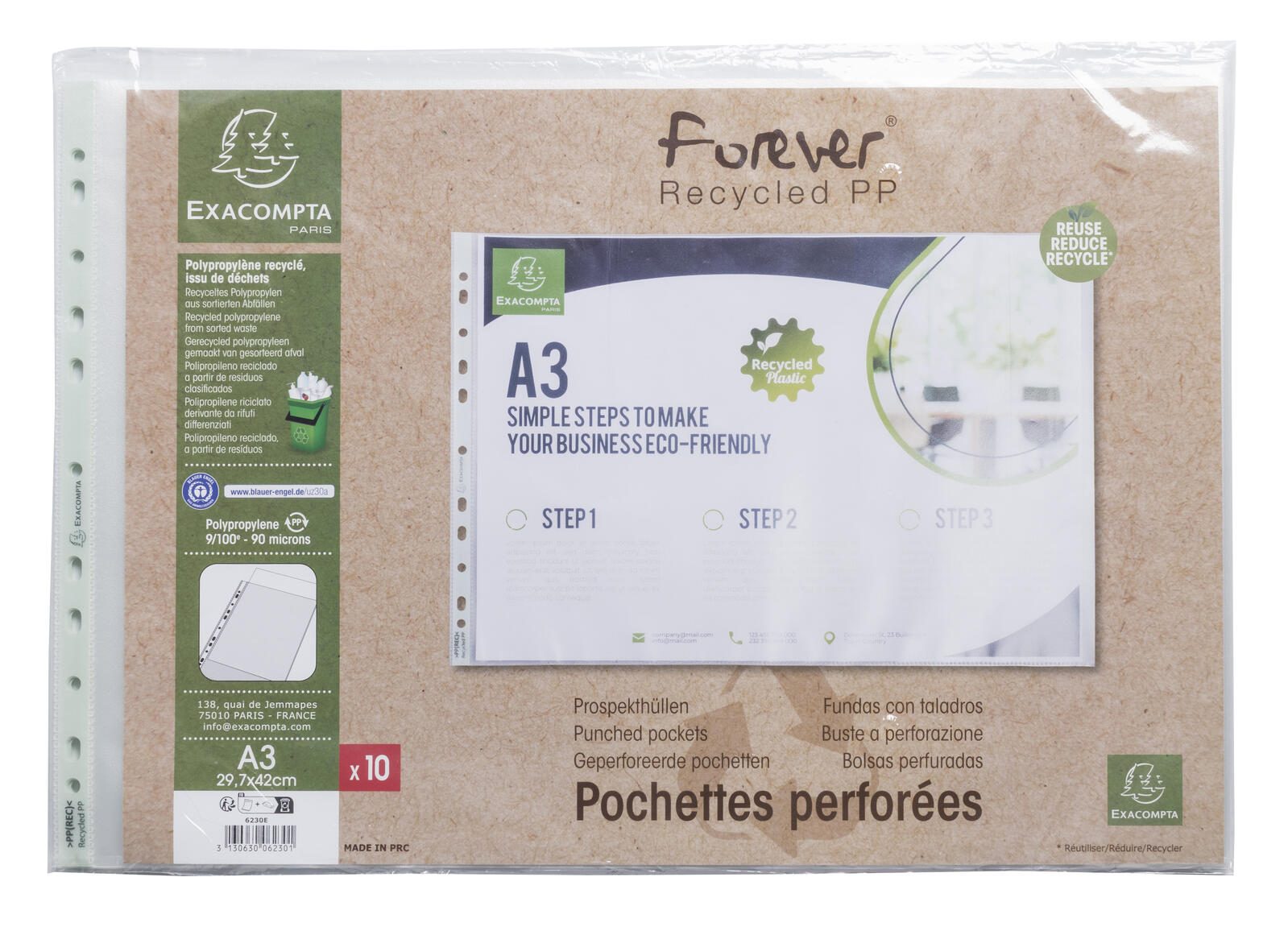 Exacompta Pochettes transparentes Forever DIN A3 gaufrées 0,09 mm, 10 unités 1 boîte = 10 unités — lot de 10 pièces