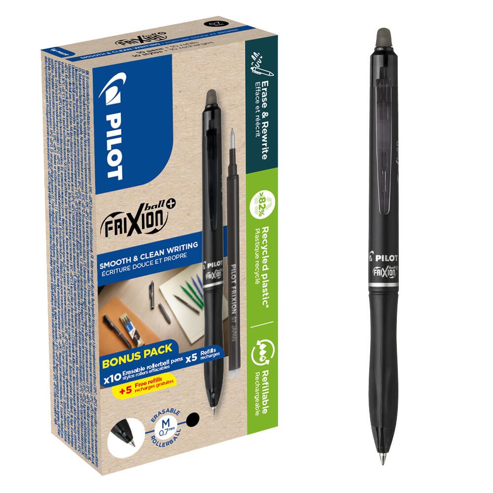 PILOT FRIXION ball + Stylo à bille noir 0,7 mm Couleur d'écriture : Noir 10 stylos + 5 recharges — lot de 10 pièces