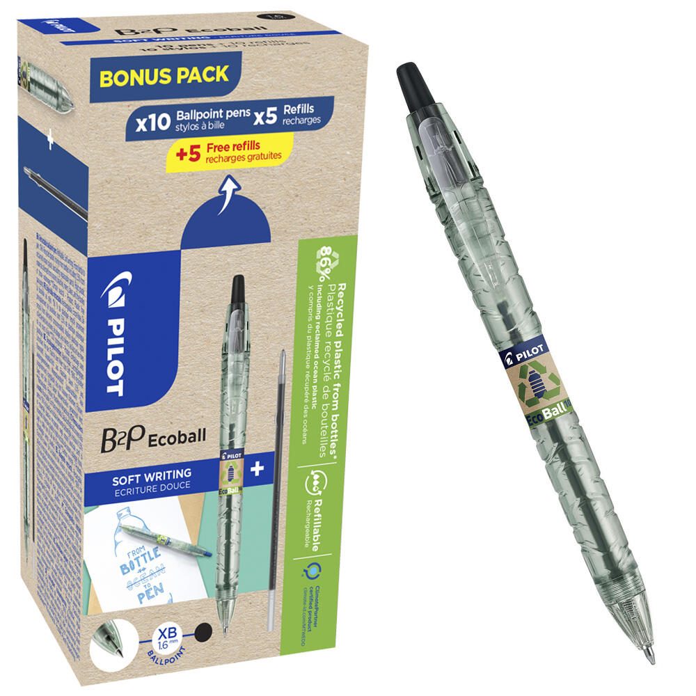 PILOT B2P « Bottle 2 Pen » ECOBALL XB Stylo à bille transparent 0,34 mm Couleur d'écriture : Noir, 10 pièces + 5 recharges offertes — lot de 10 pièces