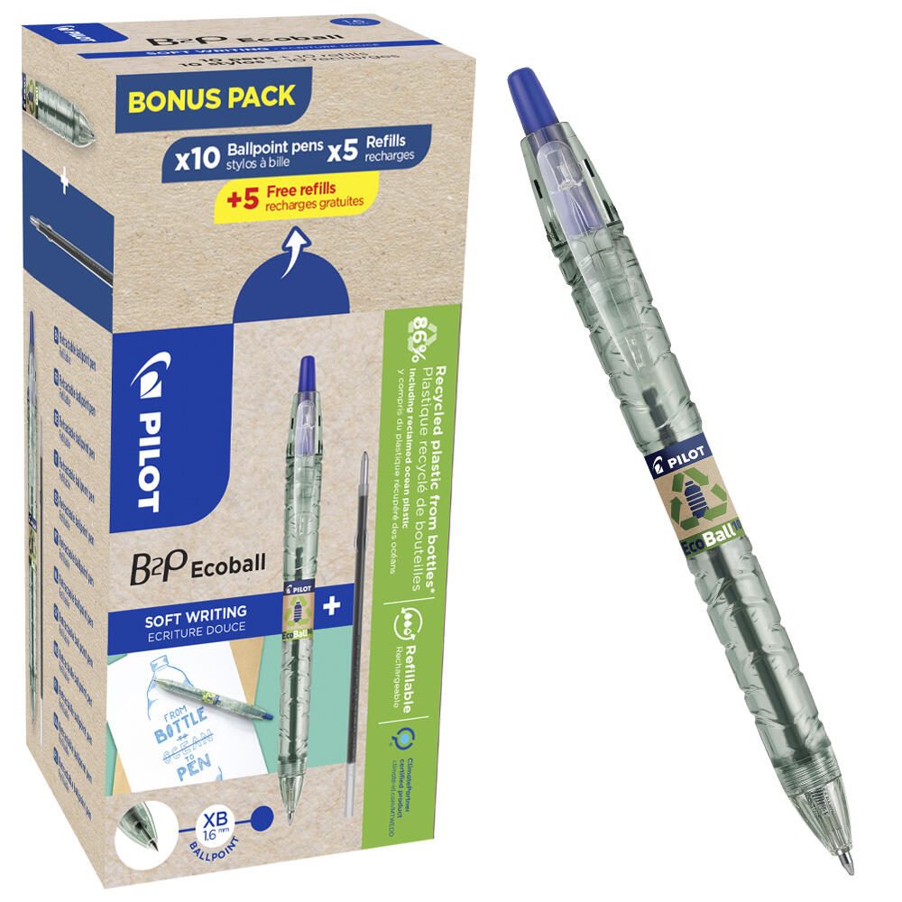 PILOT B2P «Bottle 2 Pen» ECOBALL XB Stylo-bille transparent 0,34 mm encre bleue, 10 pièces + 5 mines de rechange GRATUITES — lot de 10 pièces
