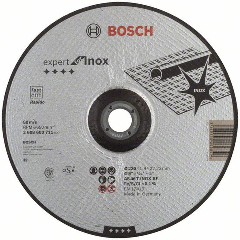 Disque à tronçonner Bosch PRO pour acier inoxydable et métal, 230 x 1,9 x 22,23 mm, déporté, oSa