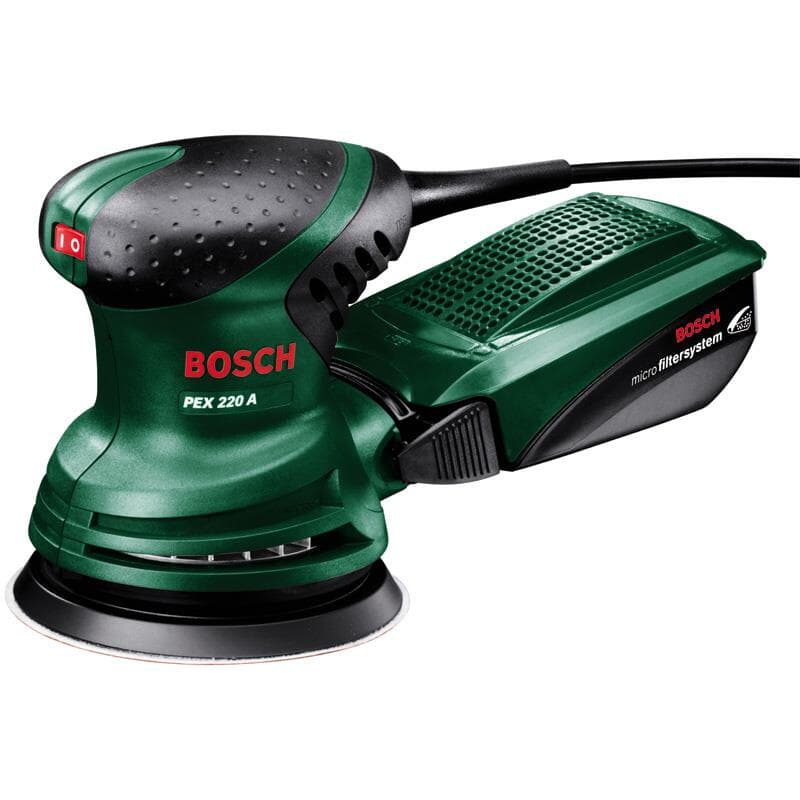 Ponceuse excentrique BOSCH PEX 220 A en carton avec plateau de ponçage 125 mm