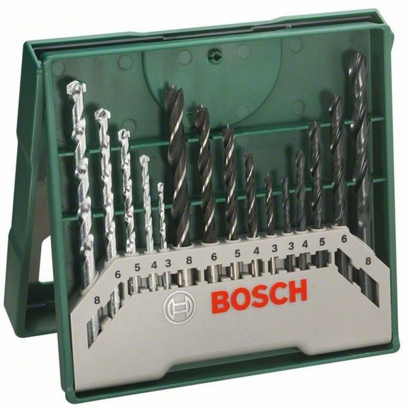 Bosch Mini-X-Line Coffret mixte, 15 pièces, 5 forets pierre, 5 forets métal, 5 forets bois