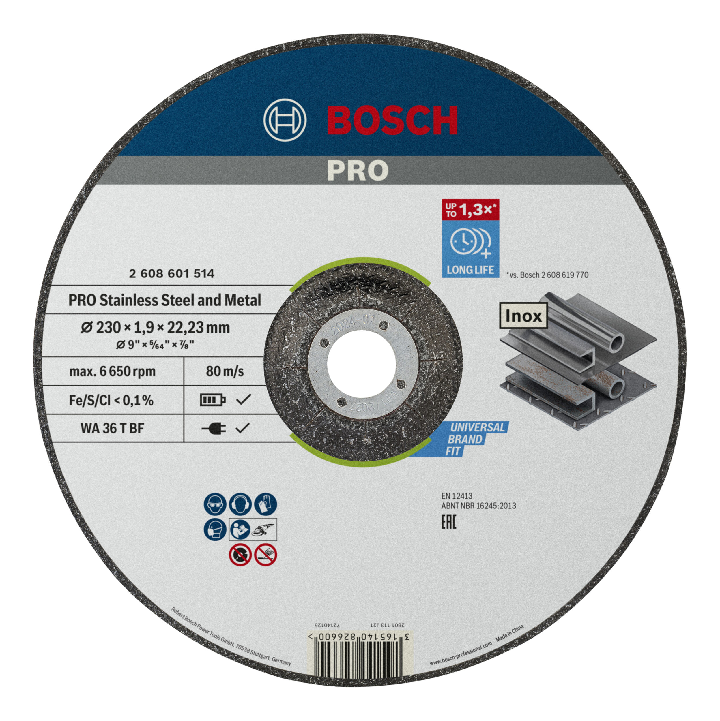 Disque de tronçonnage Bosch PRO pour acier inoxydable et métal 230 x 1,9 x 22,23 mm - 2608601514