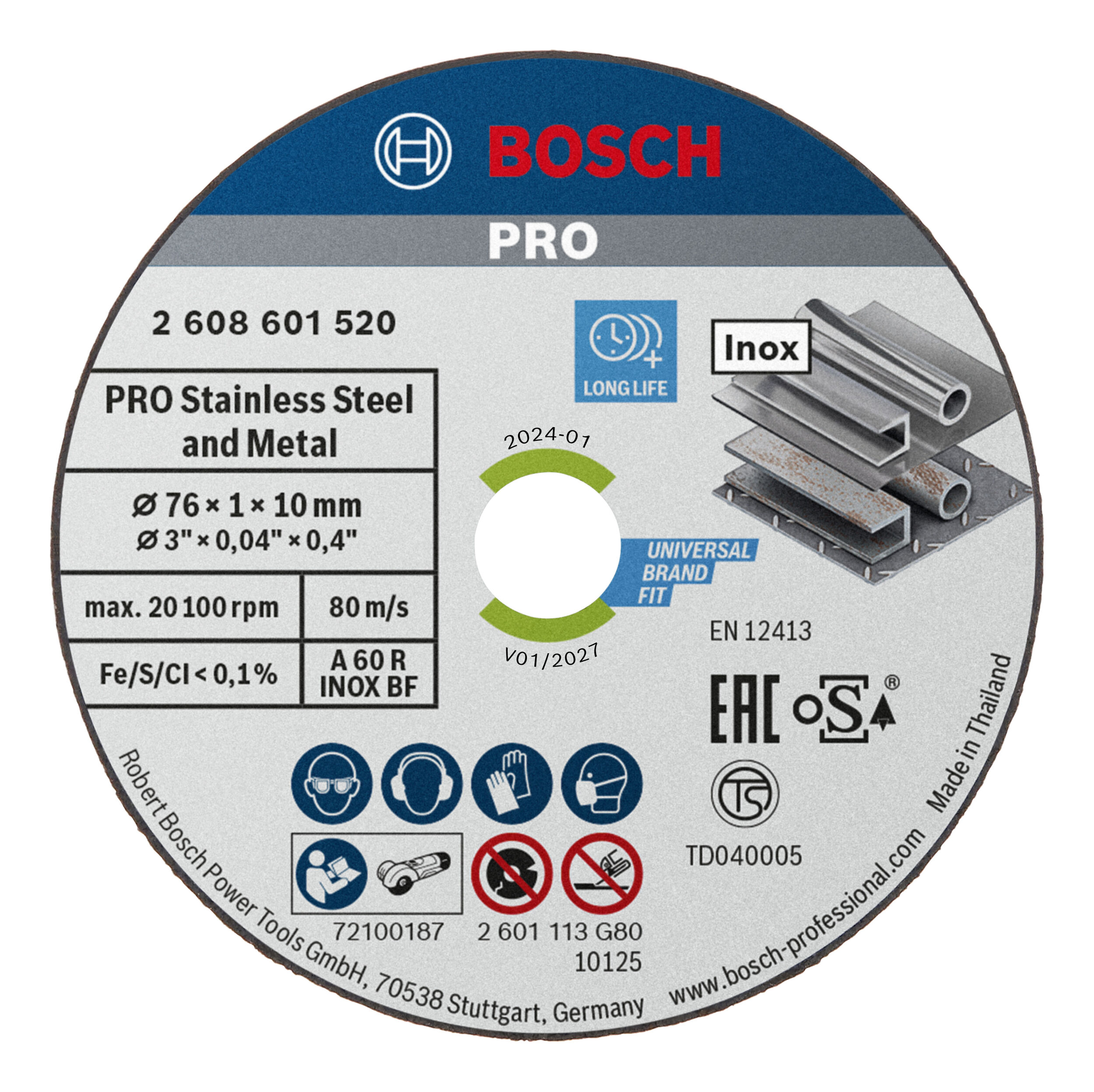 Disque de découpe Bosch PRO Expert pour Inox A 60 R INOX BF, 76 mm, 10 mm, 1 mm — lot de 5 pièces