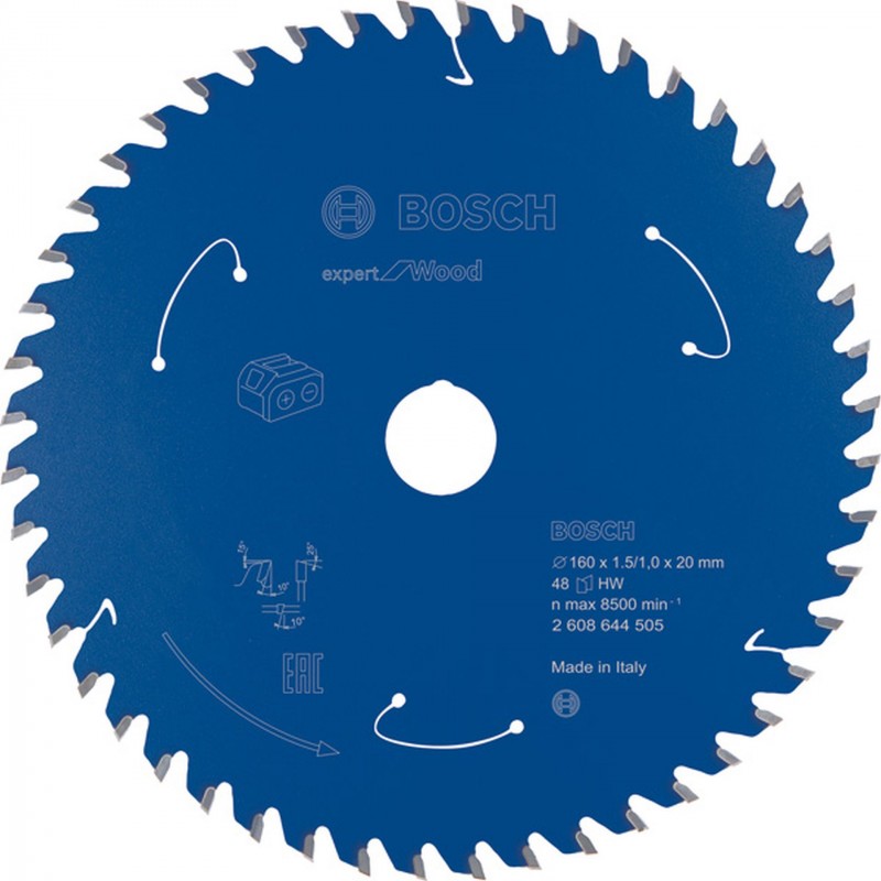 Lame de scie circulaire BOSCH 160x20x1,5/1x48T Expert for Wood pour scies circulaires sur batterie