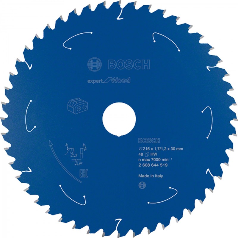 Lame de scie circulaire BOSCH Expert for Wood pour scie sur batterie, 216 × 1,7/1,2 × 30 T48, 2608644519