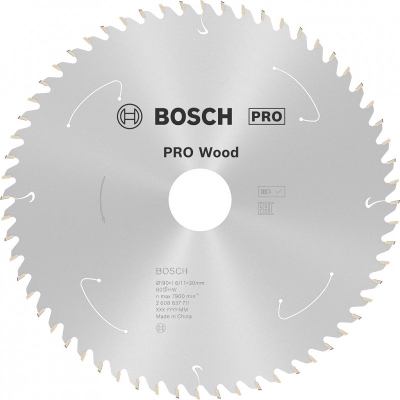 Lame de scie circulaire sans fil BOSCH PRO Wood 190x30/20x1,6/1,1x60T 2608837711