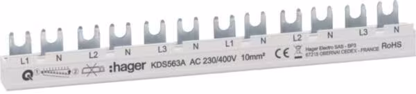 Barrette de répartition Hager KDS563A 3 pôles + N, compacte, 63 A, à fourche, 10 mm², 12 modules, longueur 215 mm, L1N-L2N-L3N-L1N-L2N-L3N, QuickBusbar