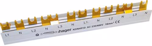 Barrette de phase Hager KDN451D, 3 pôles + N, 80A, à fourche, 16 mm², 12 modules, longueur 215 mm