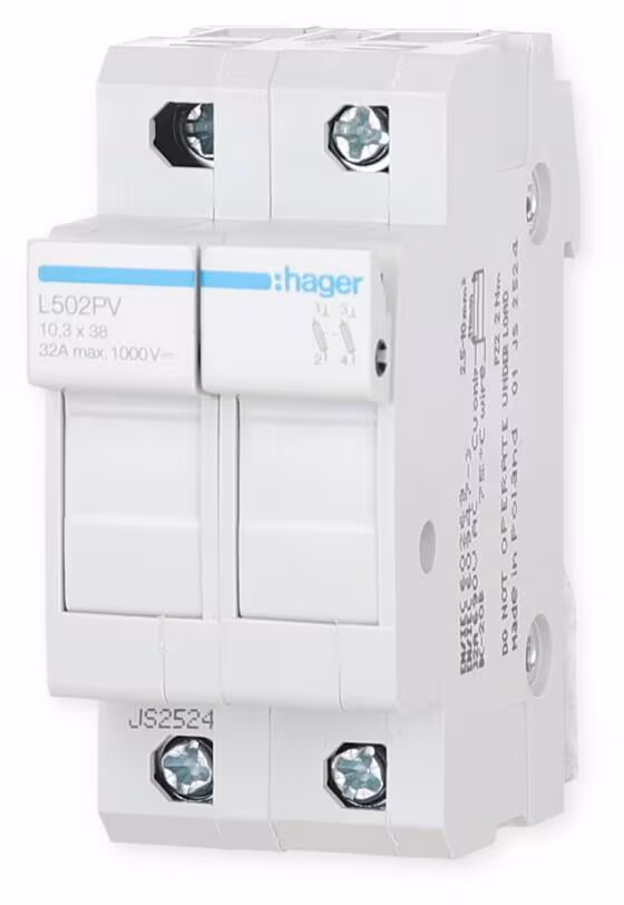 Interrupteur-sectionneur de sécurité DC Hager L502PV 2 pôles, 1000 V, L38