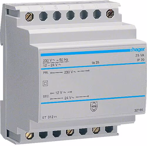 Transformateur de sécurité Hager 230V / 12V et 24V 25VA 4 modules