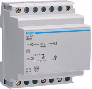 Transformateur de sécurité Hager 230V / 12V et 24V 63VA 6PLE