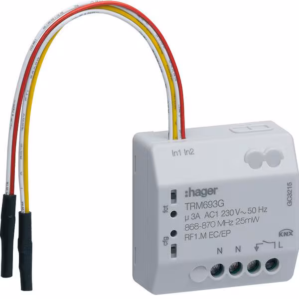 Actionneur de commutation radio Hager TRM693G 1 voie / Entrée binaire 2 voies 230V 3A 3 fils