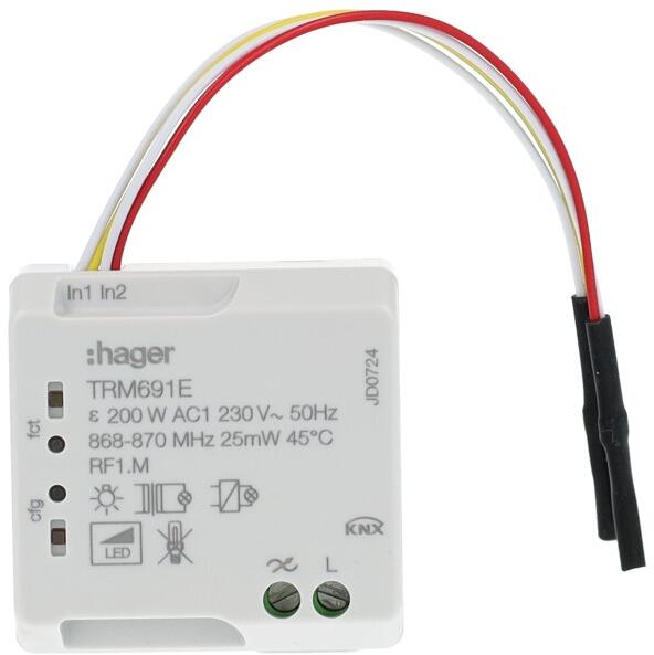 Variateur universel Hager TRM691E radio KNX, 1 canal/entrée binaire, 2 canaux, 200W, 2 fils