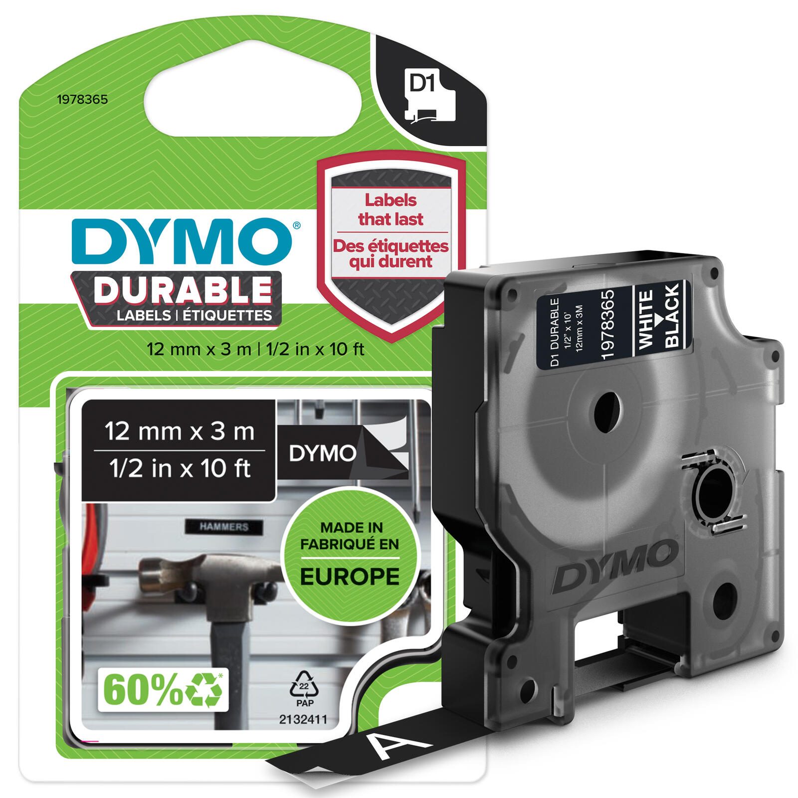 Ruban DYMO® Original D1 "Haute performance" pour LabelManager™ 12 mm x 3 m - Polyester, adhésif permanent - blanc sur noir