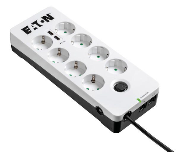 Multiprise Eaton 8 prises avec connecteur téléphonique RJ-11 et ports USB 1,5 m blanc protection foudre et surtension PB8TUD