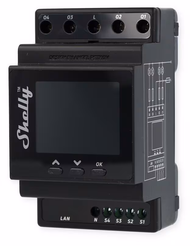 Shelly Pro 4PM Commutateur relais, avec mesure de puissance, Wi-Fi, Bluetooth, LAN, 4 canaux, 4x 16A, max. 40A, rail DIN (Shelly_Pro_4PM)