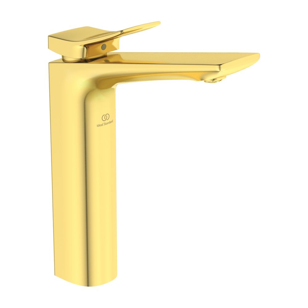 Robinetterie pour lavabo Conca Ideal Standard, avec socle prolongé, avec évacuation, sortie 150 mm, finition Brushed Gold