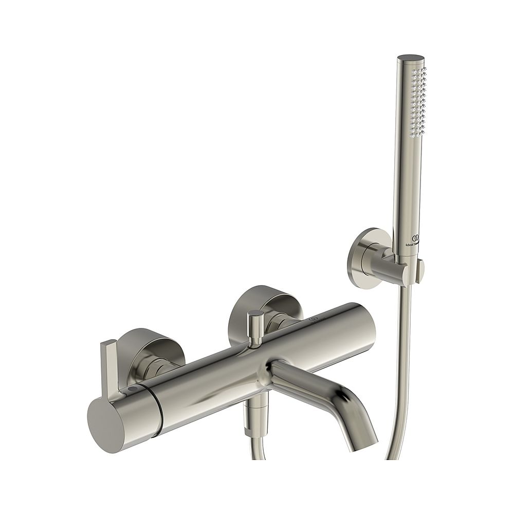 Robinetterie de salle de bain Ideal Standard Joy, version sur applique, avec barre de douche, flexible de douche et support mural, finition Silver Storm
