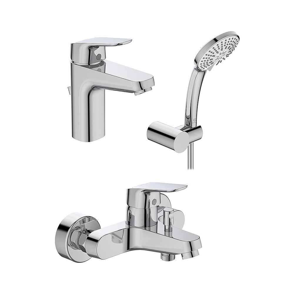 Ideal Standard Kit de robinetterie Ceraflex, avec mitigeur pour lavabo, douchette et set 3 fonctions, chromé