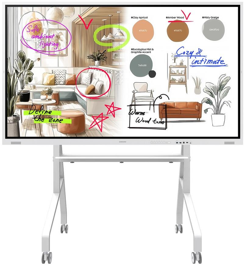 Tableau blanc numérique Samsung Flip WM75FX 189 cm (75 pouces) avec Neomounts MOVE Go FL50-525WH1 chariot roulant 4K UHD