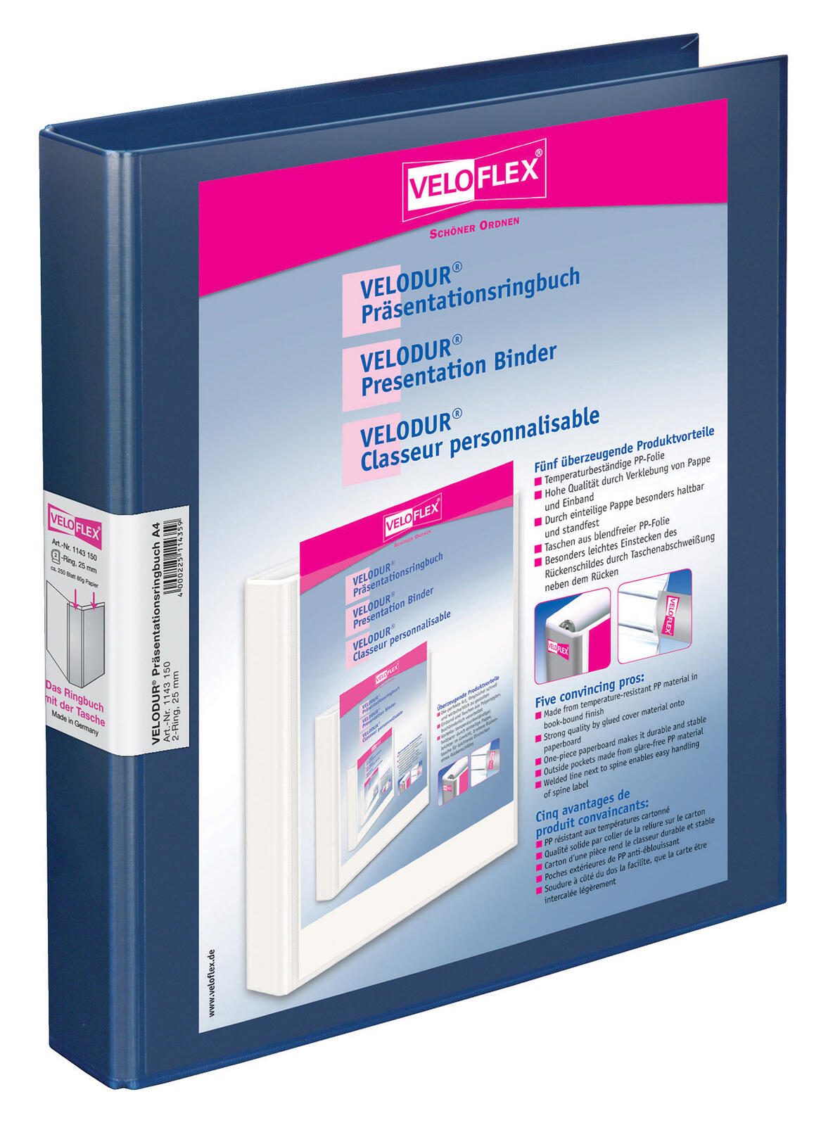 VELOFLEX Chemises de présentation à anneaux 2 anneaux DIN A4 4 cm bleu 1 boîte = 10 unités — lot de 10 pièces