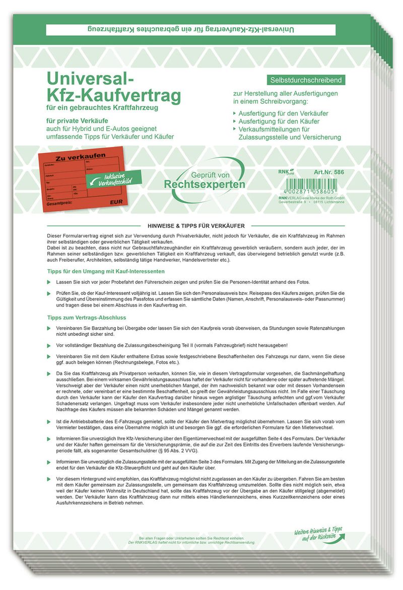 Contrats de vente de véhicules d'occasion RNK-Verlag 586/10 - 1 boîte = 10 pièces — lot de 10 pièces