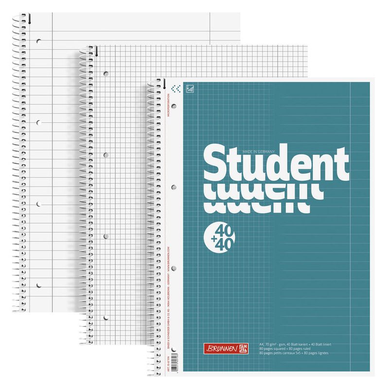 BRUNNEN Collegeblock Student DUO DIN A4 ligné + quadrillé 1 boîte = 5 unités — lot de 5 pièces
