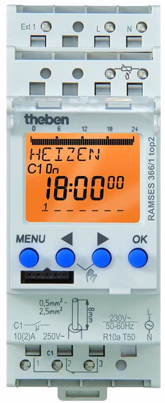 Theben RAMSES 366/1 top2 Thermostat numérique programmable pour zones, 1 zone, rail DIN, programme hebdomadaire, rail 3660100