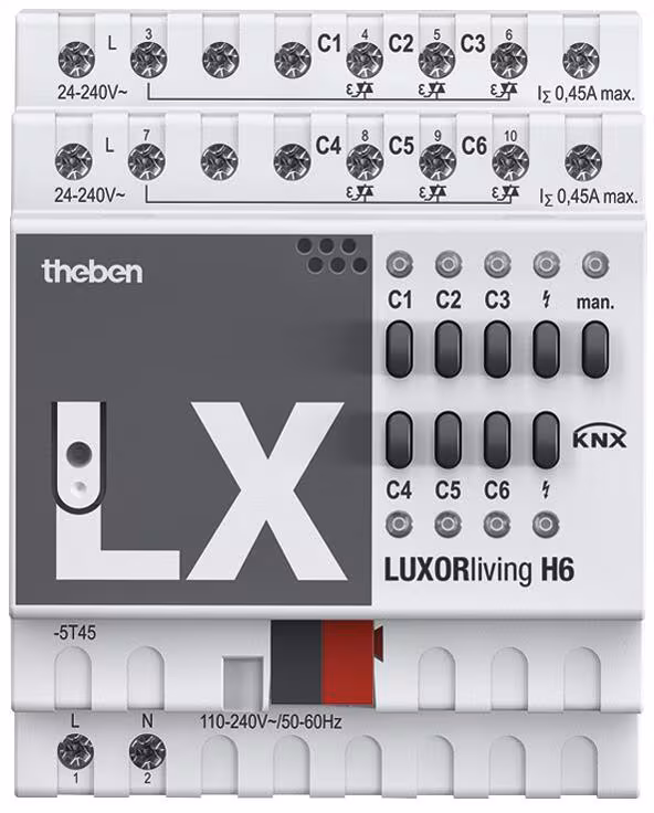 Actionneur de chauffage LUXORliving H6 6 voies, rail DIN/schiene Hutschiene, jusqu'à 6 actionneurs thermiques 24-240 V AC, 2 groupes de 3 sorties, protection des vannes, système KNX Smart Home 4800440